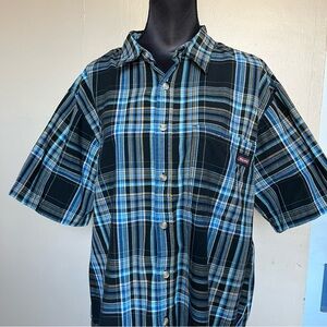 2000s skater Dickies blue and black plaid button down short sleeve shirt